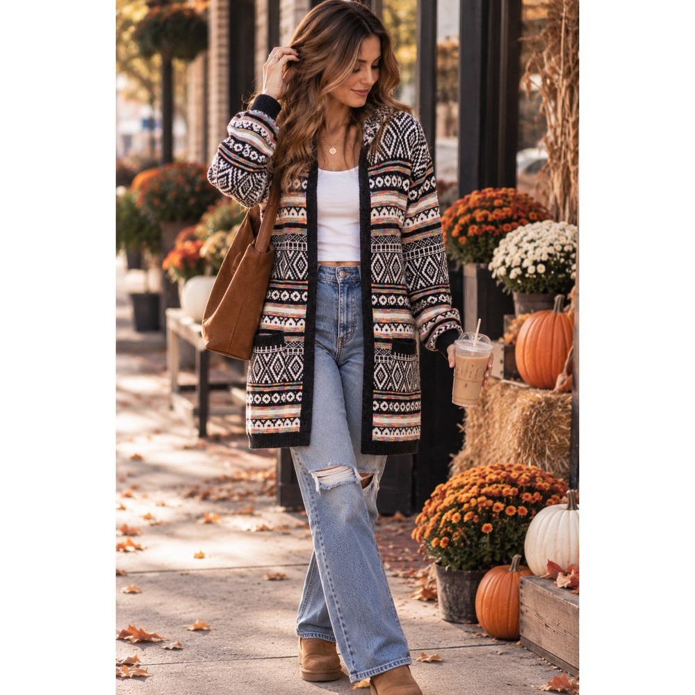 Monteau Los Angeles Fair Isle Hooded Long Cardigan Sweater Rainbow Geometric S